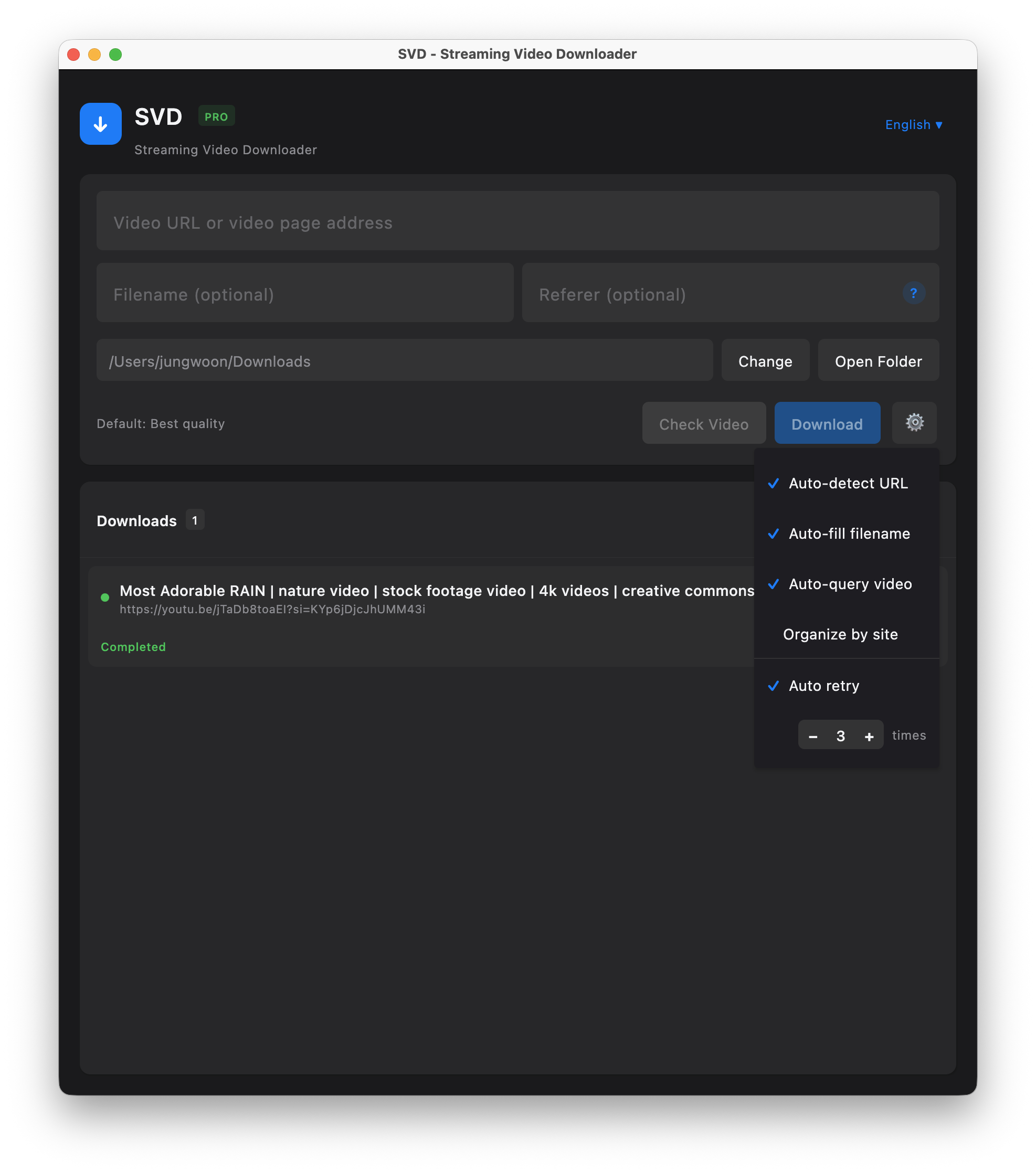 SVD Application Interface showing video download progress and format selection