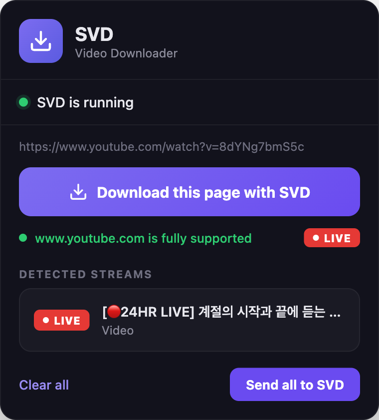 SVD Chrome extension popup showing a red LIVE badge on a YouTube live stream, ready to record with one click