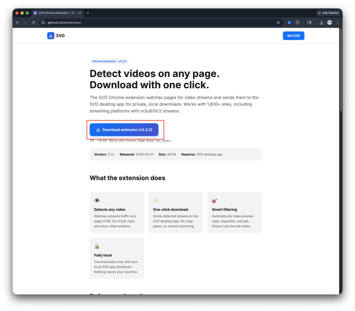 Download extension button on getsvd.com/extension