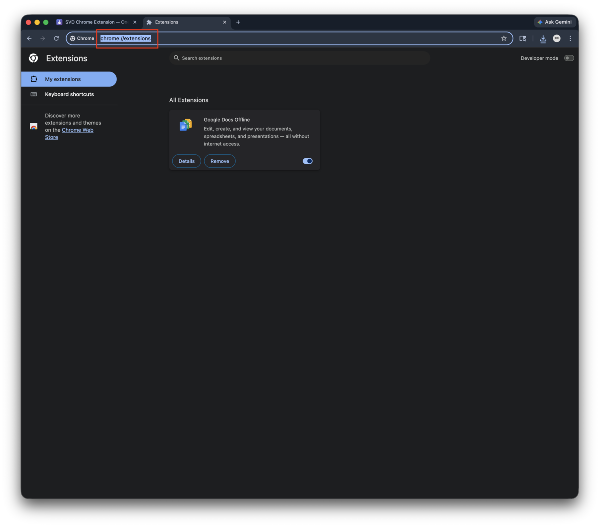 Typing chrome://extensions in the browser address bar