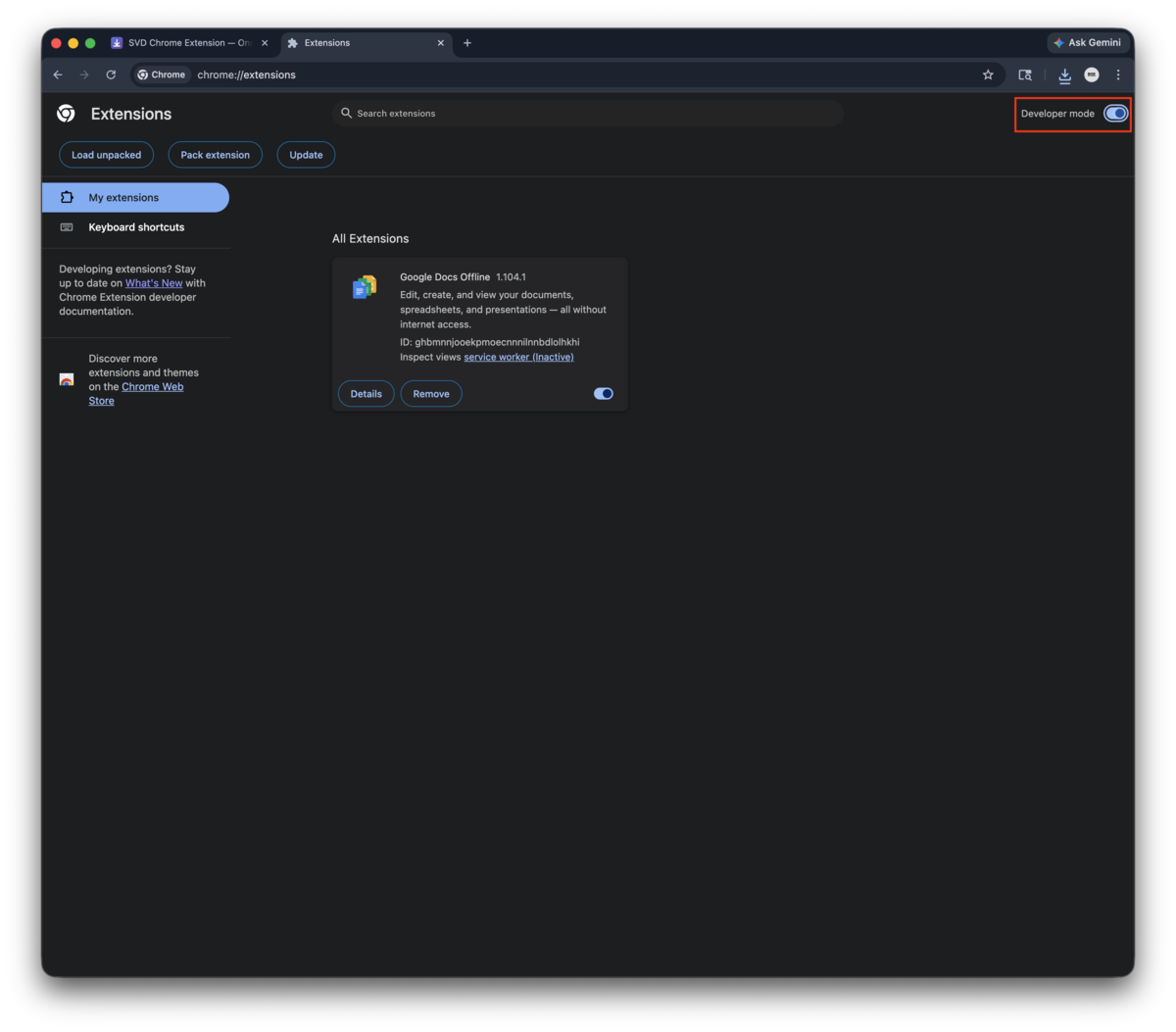 Developer mode toggle turned on